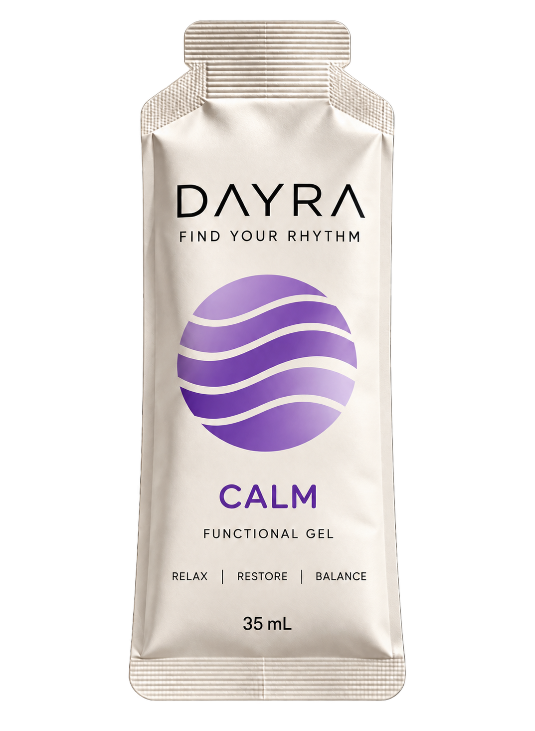 DAYRA CALM packaging mockup with original ribbed heat-sealed shoulders