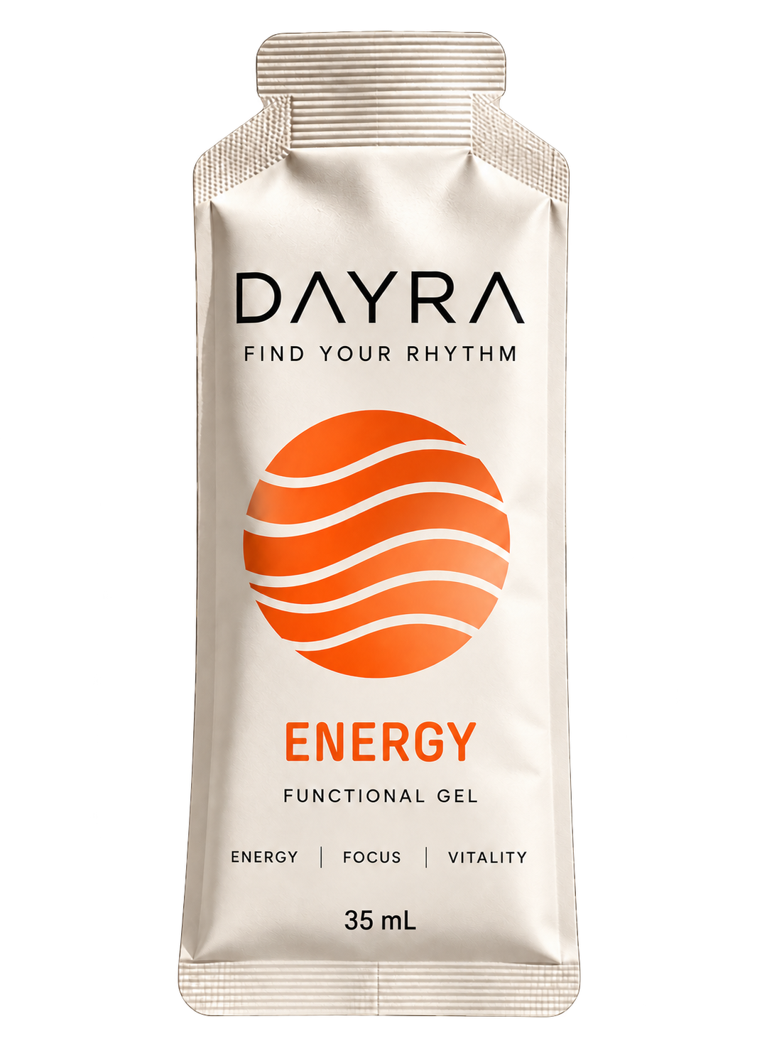 DAYRA ENERGY packaging mockup with original ribbed heat-sealed shoulders